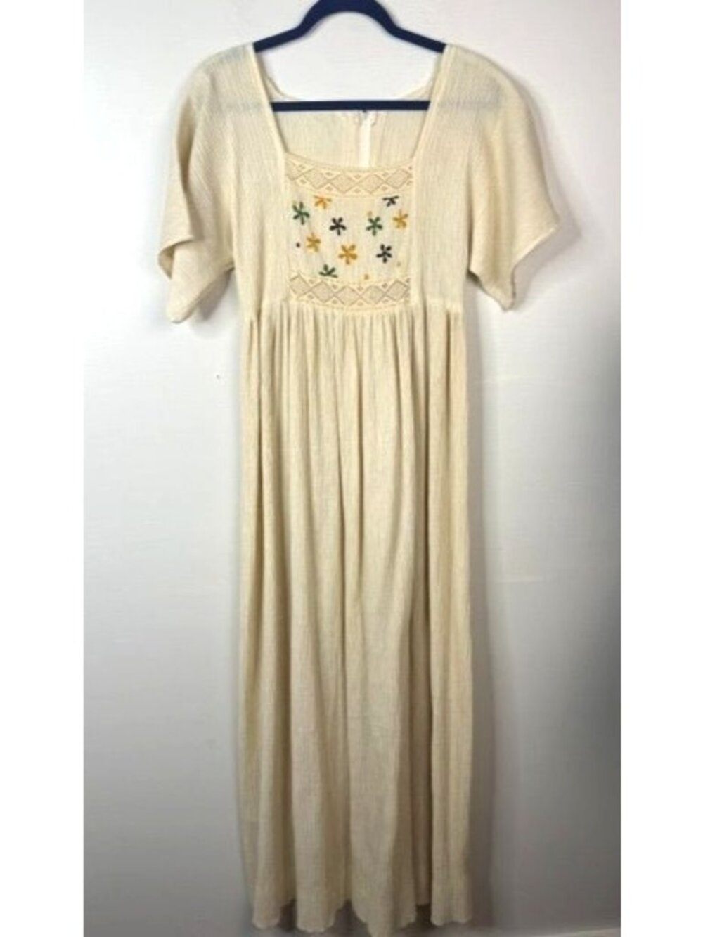 Vintage Cream Color Embroidered Bodice Short Sleeve Cottagecore Maxi Dress - Picture 2 of 6